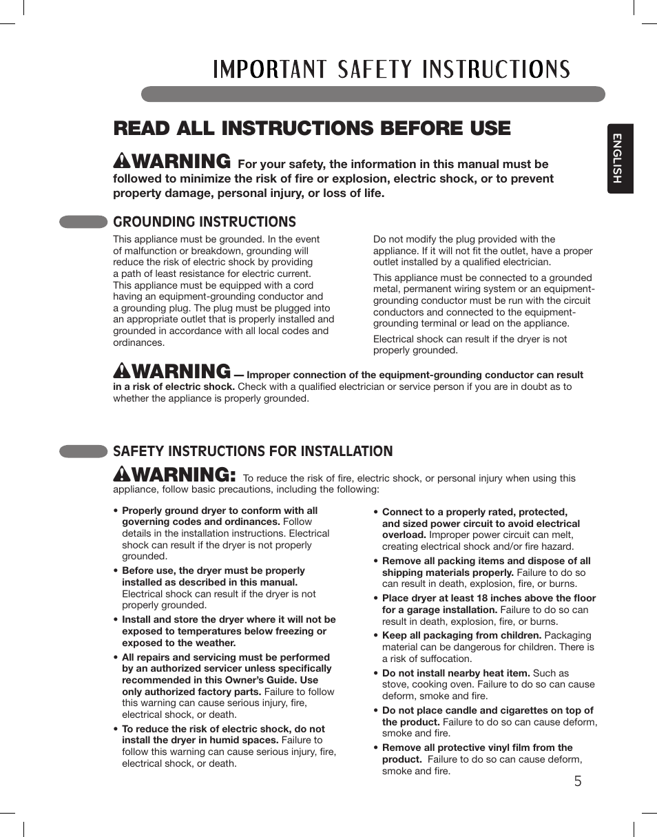 Wwarning, Read all instructions before use, Grounding instructions | Safety instructions for installation | LG DLGX3361W User Manual | Page 5 / 144