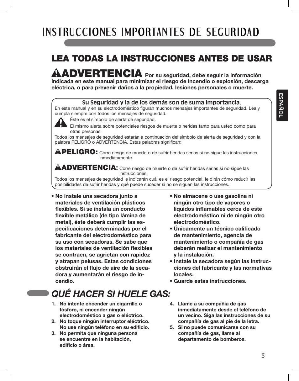 Lea todas la instrucciones antes de usar, Qué hacer si huele gas, Wpeligro | Wadvertencia | LG DLGX3361W User Manual | Page 51 / 144