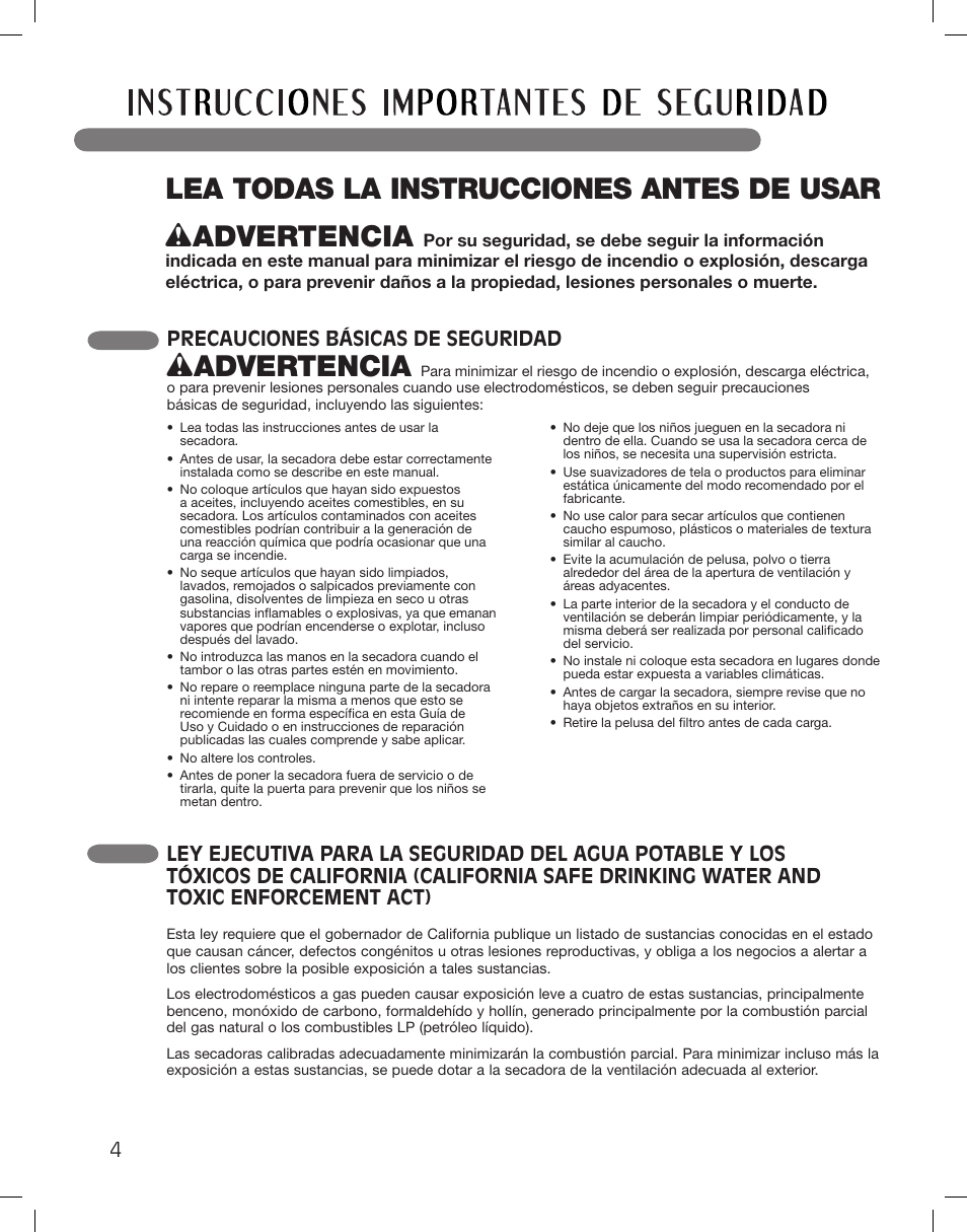 Wadvertencia, Precauciones básicas de seguridad | LG DLGX3361W User Manual | Page 52 / 144
