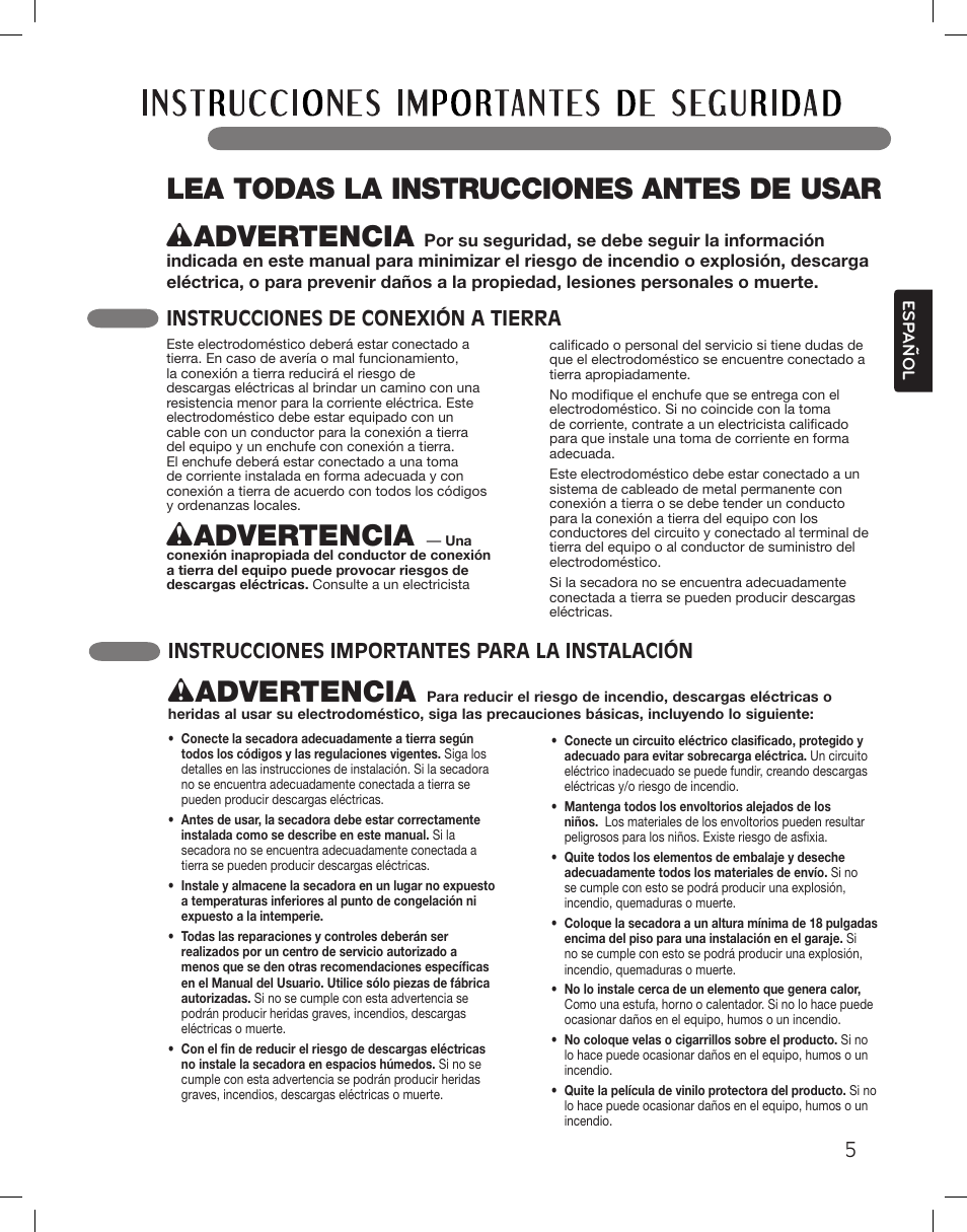 Wadvertencia, Instrucciones de conexión a tierra, Instrucciones importantes para la instalación | LG DLGX3361W User Manual | Page 53 / 144