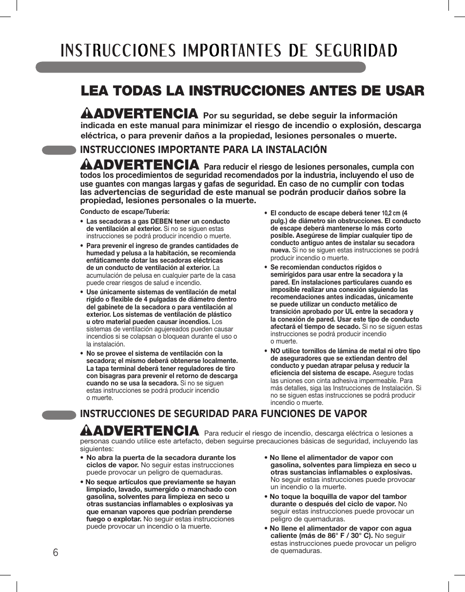 Wadvertencia | LG DLGX3361W User Manual | Page 54 / 144