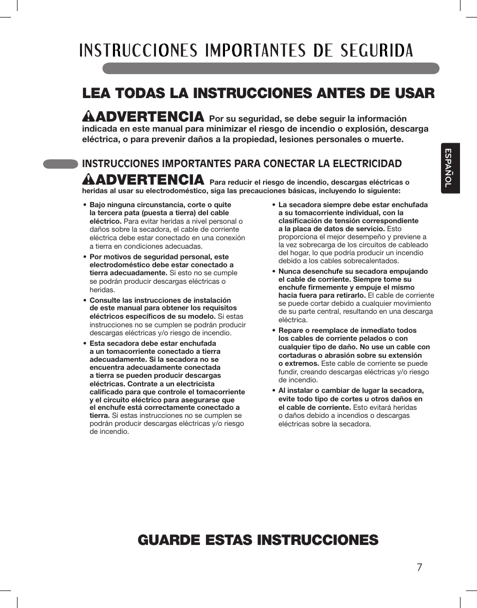 Guarde estas instrucciones, Wadvertencia | LG DLGX3361W User Manual | Page 55 / 144