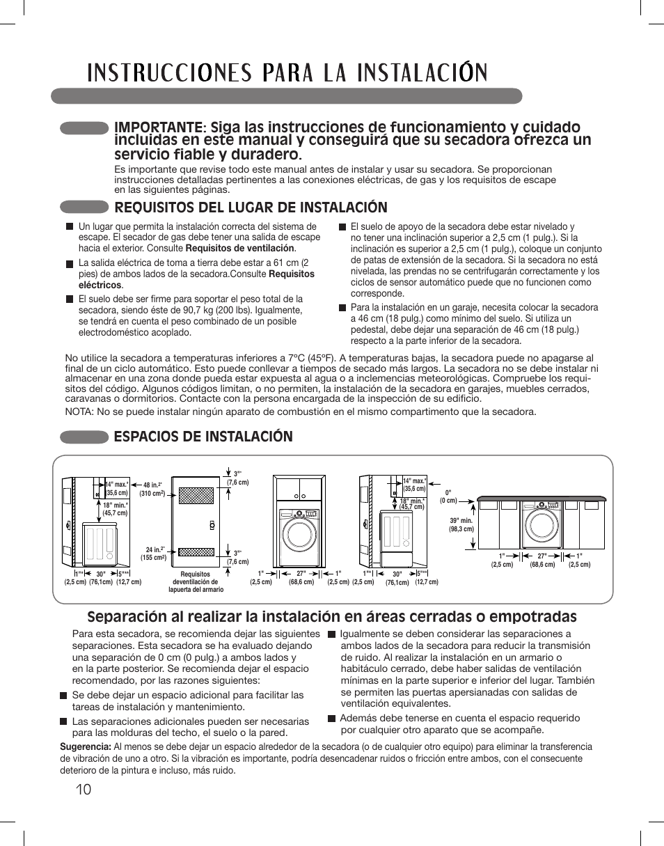 Espacios de instalación, Requisitos del lugar de instalación | LG DLGX3361W User Manual | Page 58 / 144