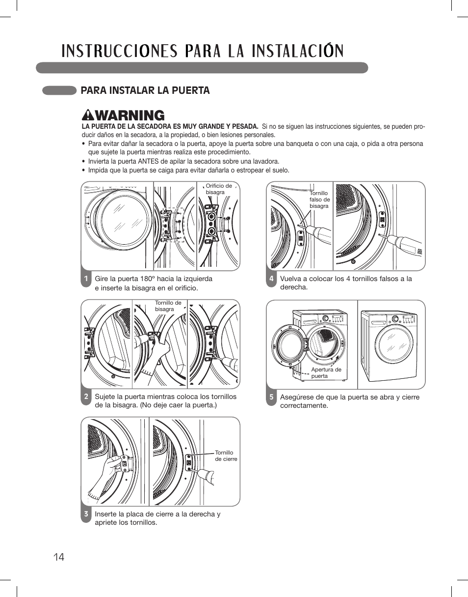 Wwarning, Para instalar la puerta | LG DLGX3361W User Manual | Page 62 / 144