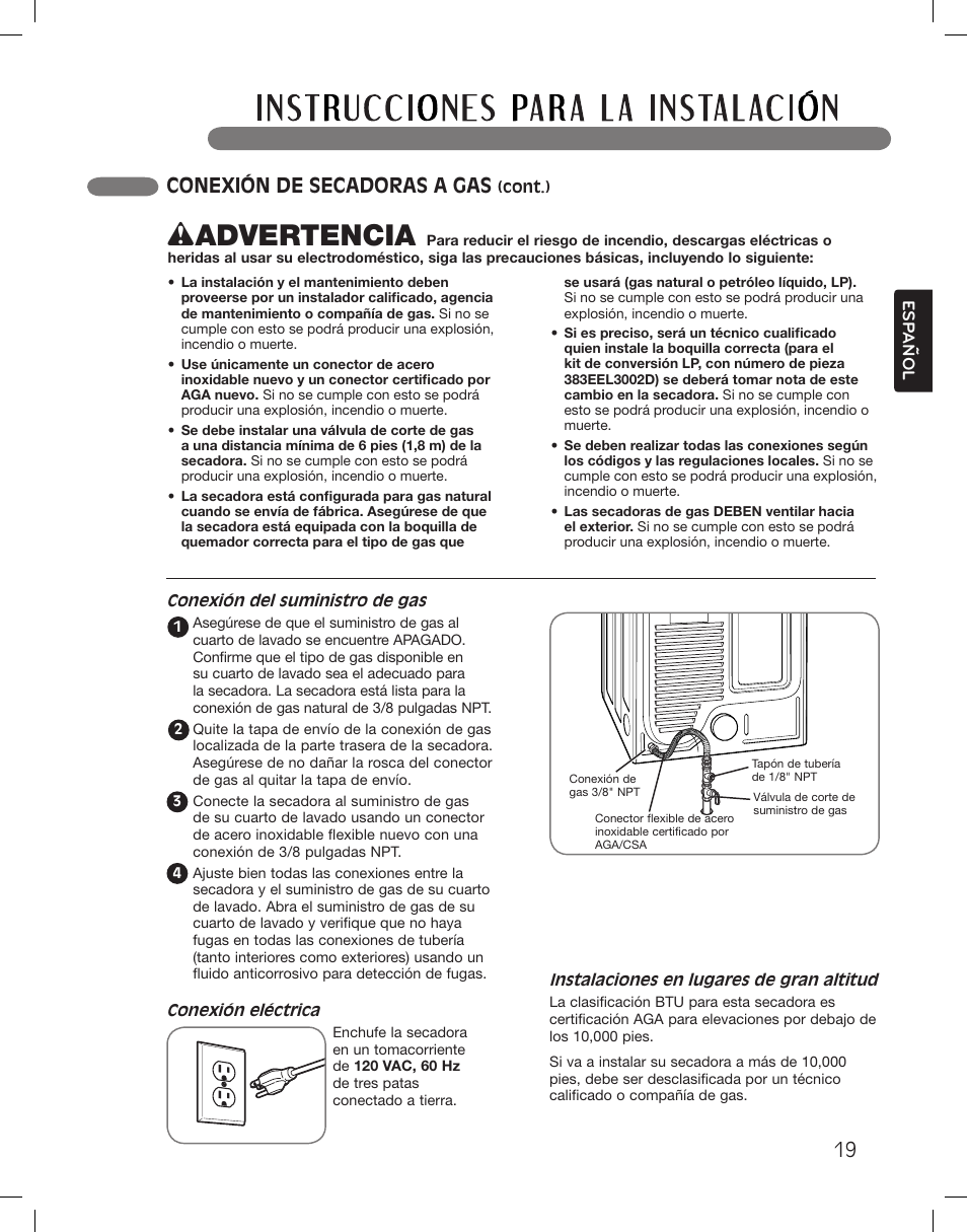Wadvertencia, Conexión de secadoras a gas | LG DLGX3361W User Manual | Page 67 / 144