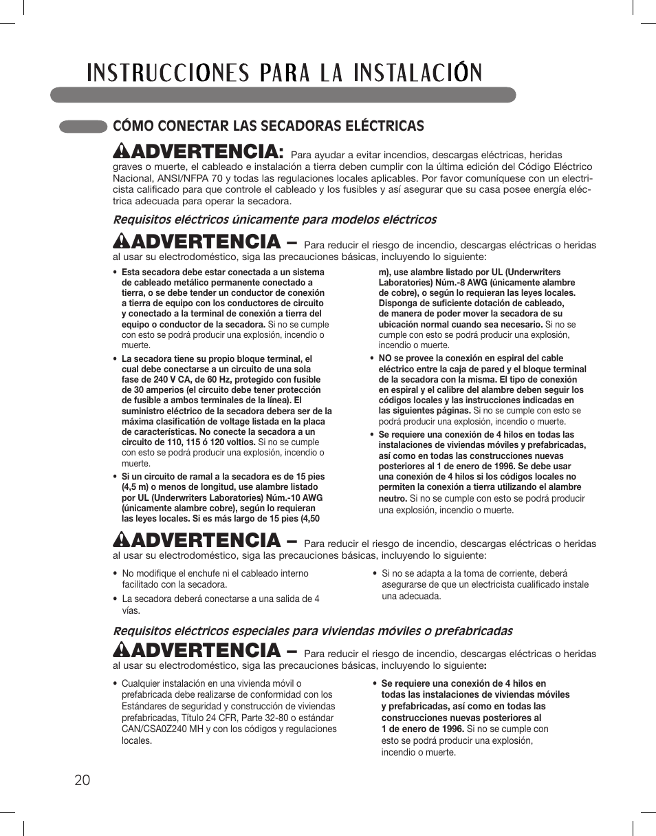 Wadvertencia, Cómo conectar las secadoras eléctricas | LG DLGX3361W User Manual | Page 68 / 144