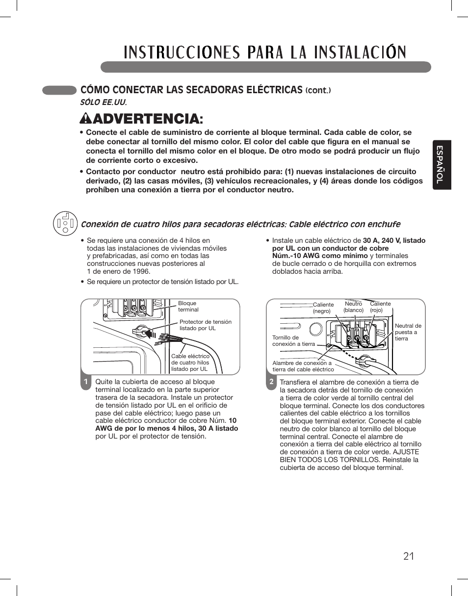 Wadvertencia, Cómo conectar las secadoras eléctricas | LG DLGX3361W User Manual | Page 69 / 144
