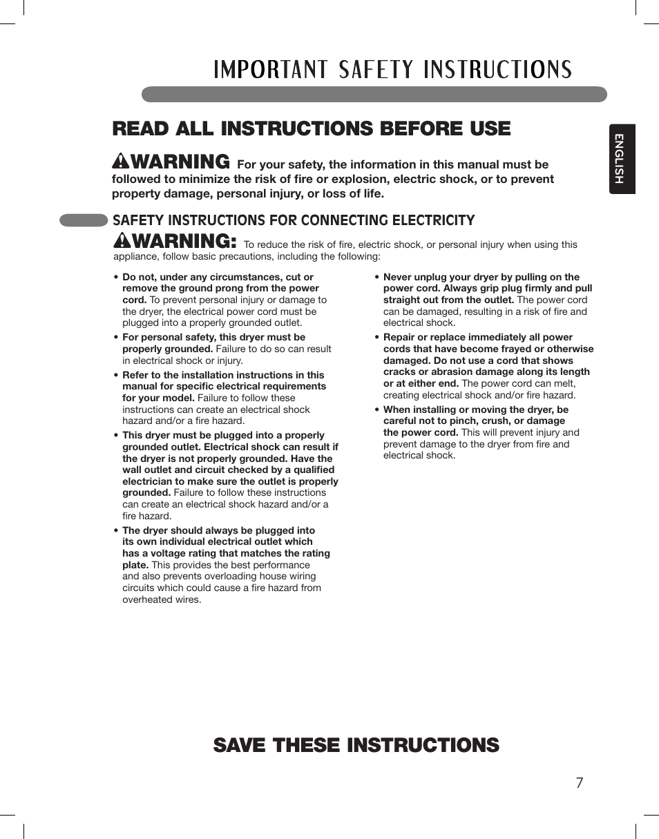 Save these instructions, Wwarning, Read all instructions before use w warning | Safety instructions for connecting electricity | LG DLGX3361W User Manual | Page 7 / 144