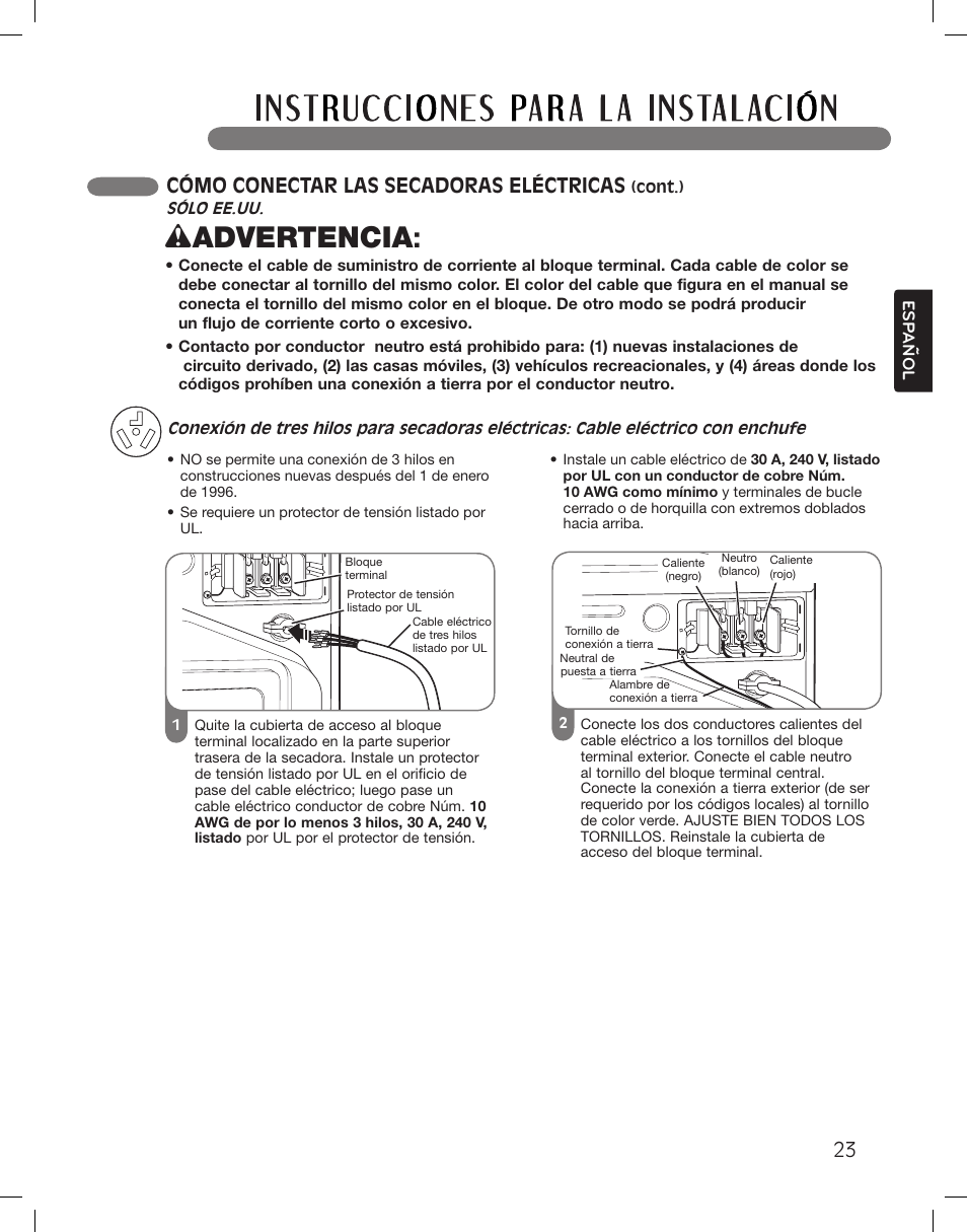 Wadvertencia, Cómo conectar las secadoras eléctricas | LG DLGX3361W User Manual | Page 71 / 144