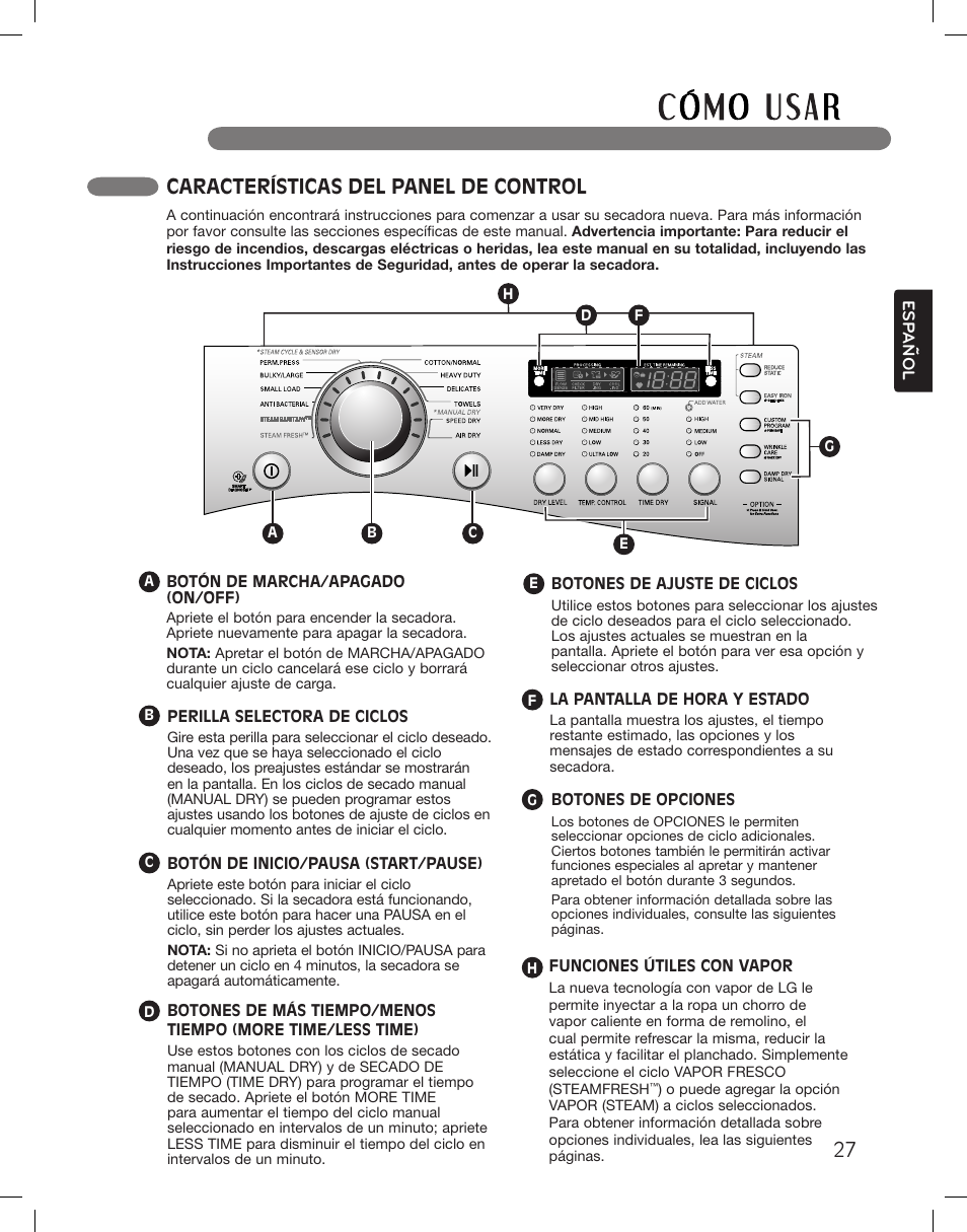 Características del panel de control | LG DLGX3361W User Manual | Page 75 / 144