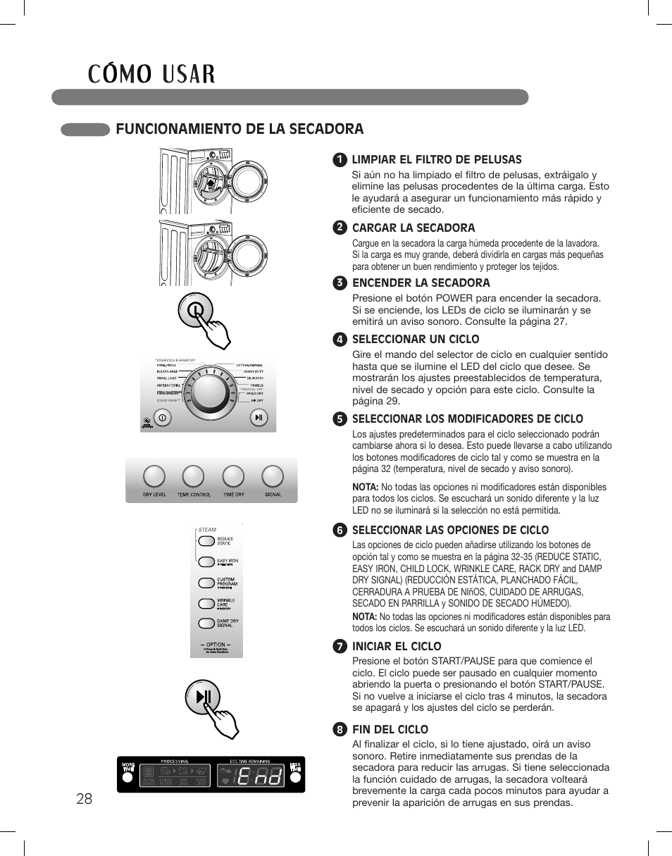 Funcionamiento de la secadora | LG DLGX3361W User Manual | Page 76 / 144