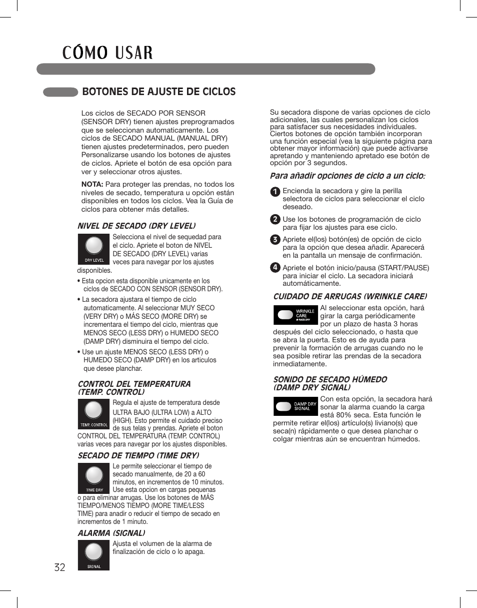 Botones de ajuste de ciclos | LG DLGX3361W User Manual | Page 80 / 144