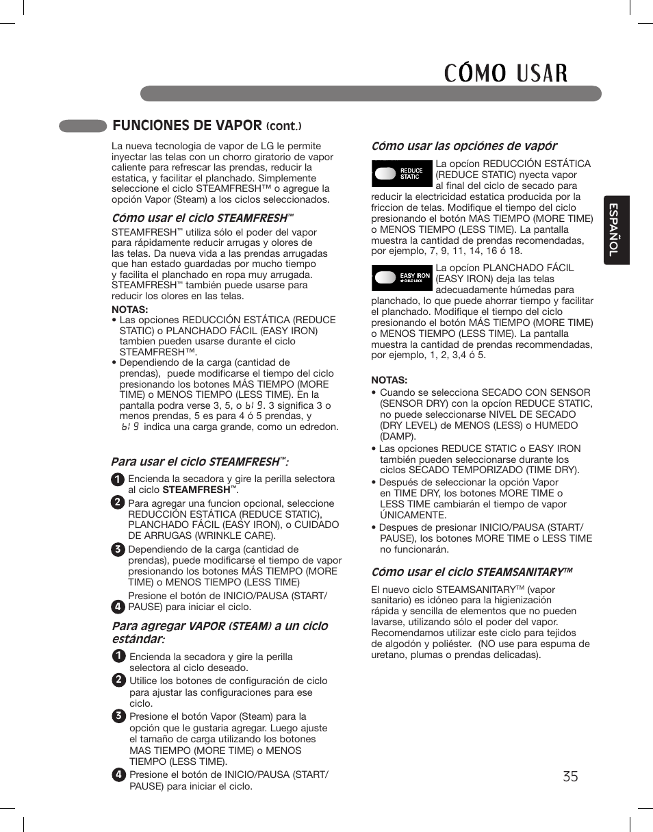Funciones de vapor | LG DLGX3361W User Manual | Page 83 / 144