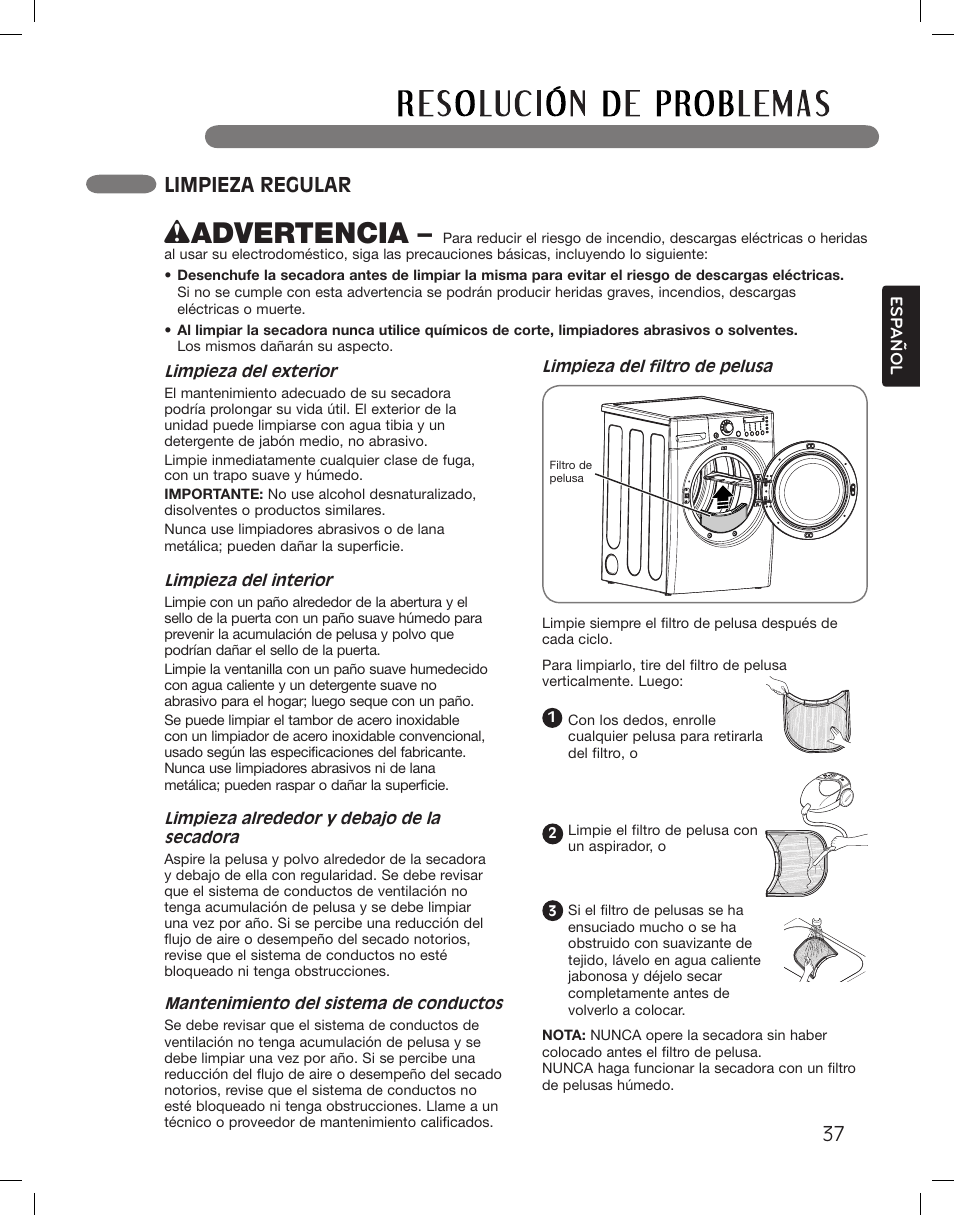 Wadvertencia, Limpieza regular | LG DLGX3361W User Manual | Page 85 / 144