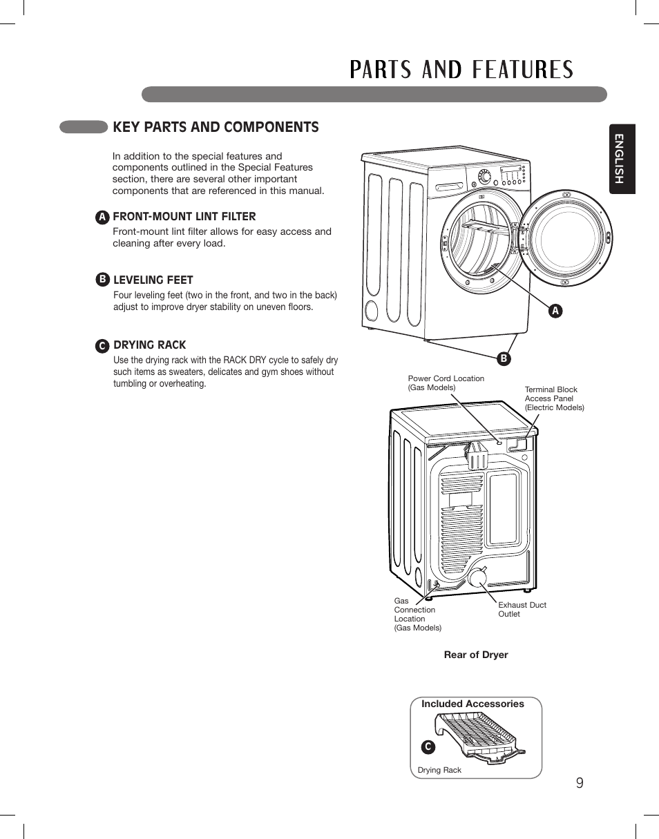 Key parts and components, English | LG DLGX3361W User Manual | Page 9 / 144