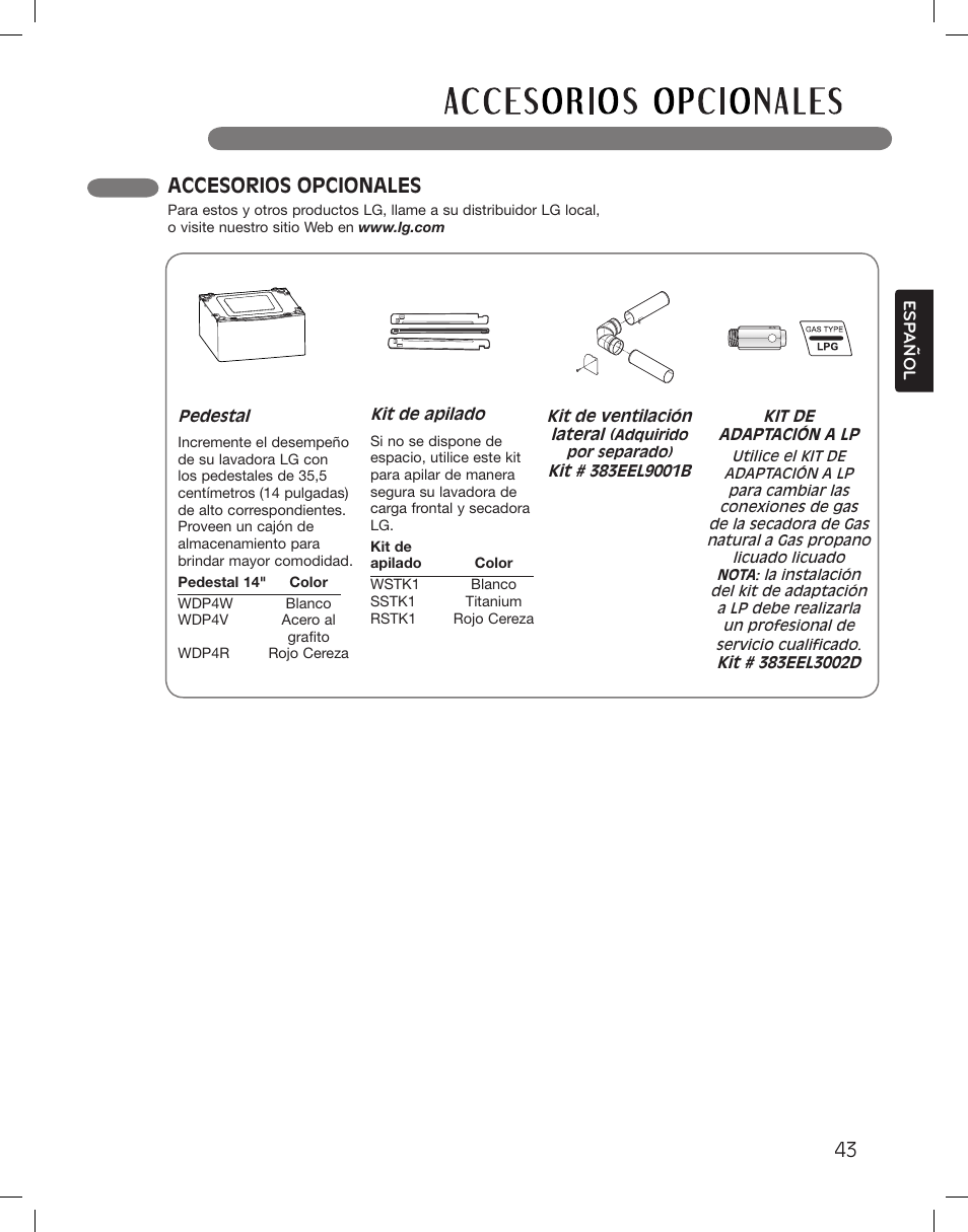 Accesorios opcionales | LG DLGX3361W User Manual | Page 91 / 144