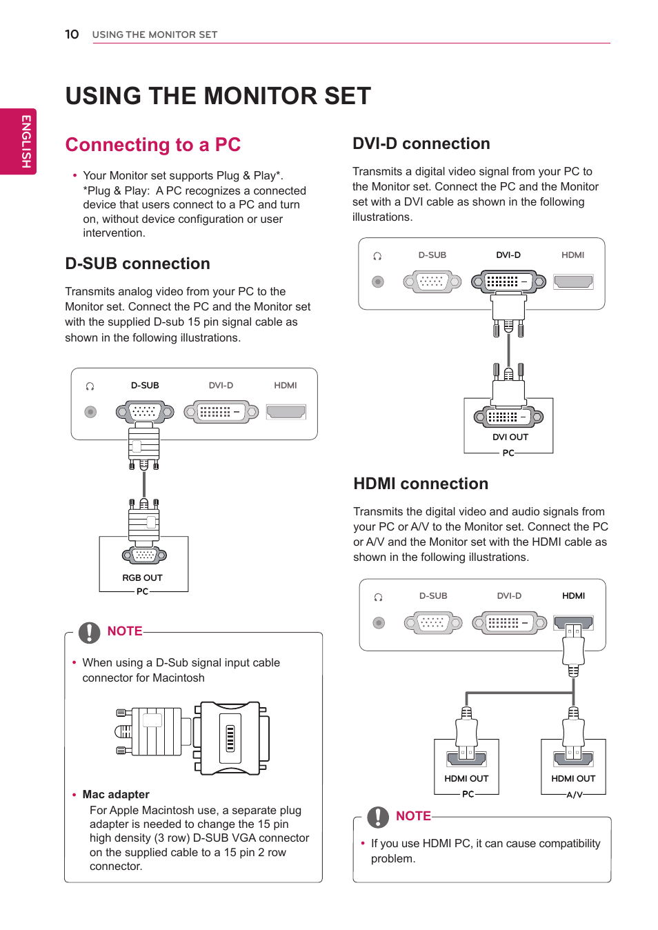 Using the monitor set, Connecting to a pc, D-sub connection | Dvi-d connection, Hdmi connection, 10 connecting to a pc 10 | LG D2342PB-PN User Manual | Page 10 / 24