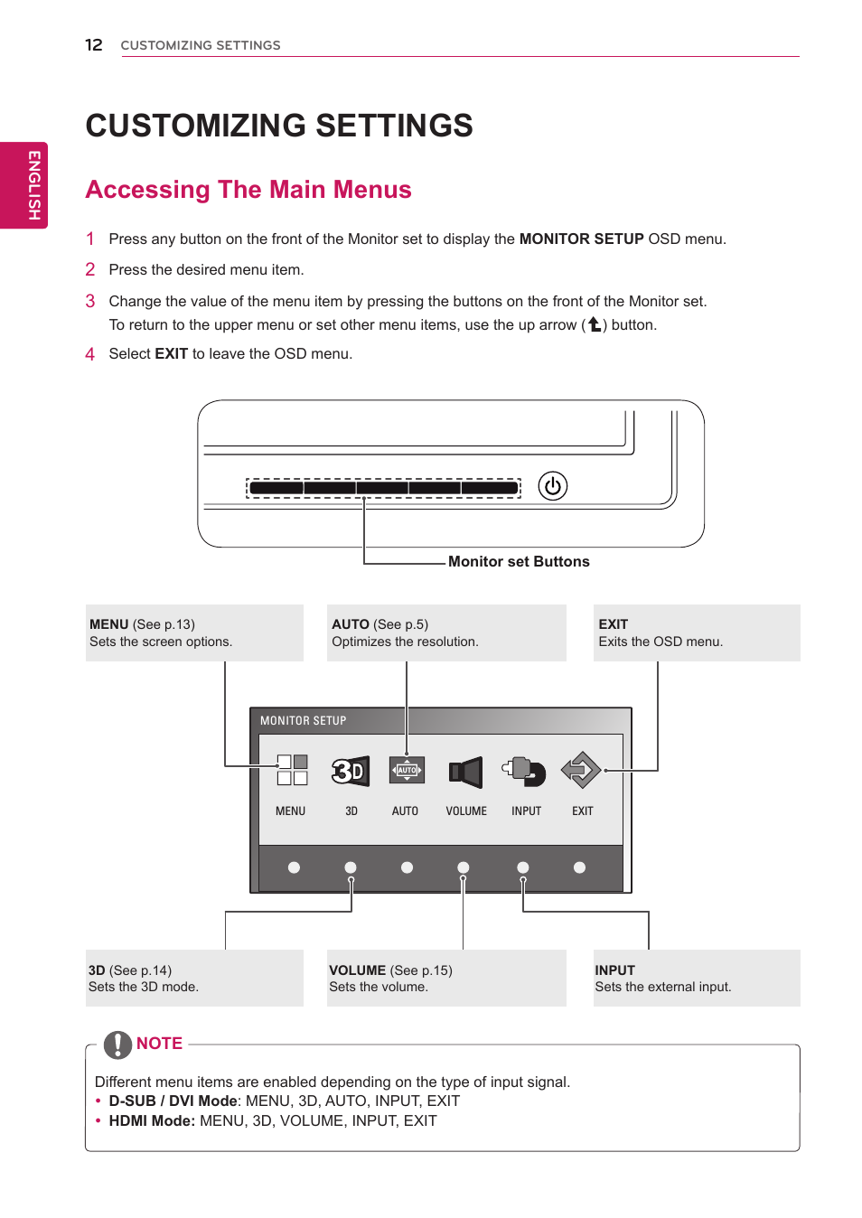 Customizing settings, Accessing the main menus, 12 accessing the main menus | LG D2342PB-PN User Manual | Page 12 / 24