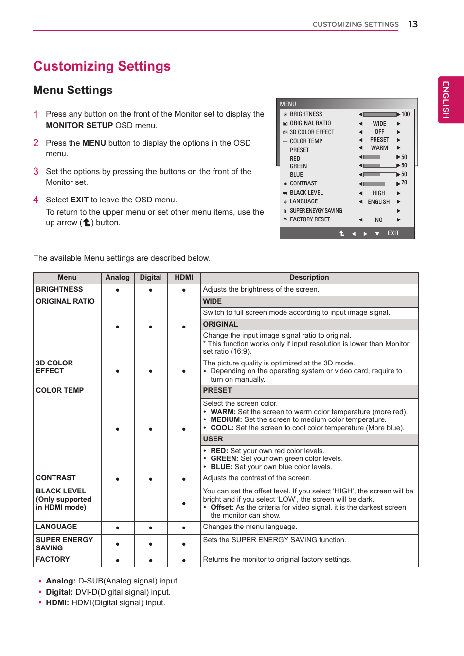 Customizing settings, Menu settings, 13 customizing settings 13 | Menus.(see p.13), See p.13), English | LG D2342PB-PN User Manual | Page 13 / 24