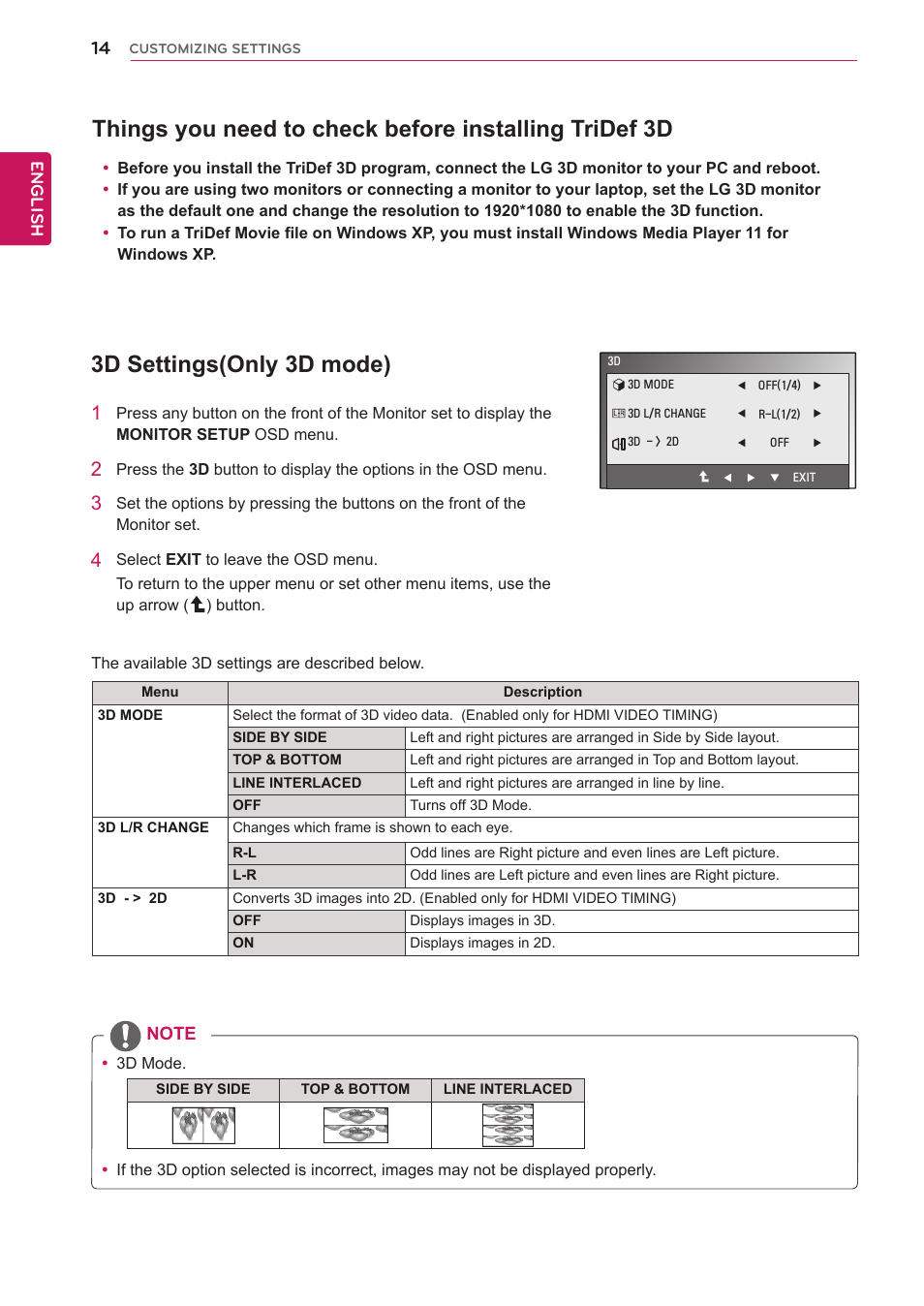 3d settings(only 3d mode), Things you need to check before install, Ing tridef 3d | Settings.(see p.14), See p.14) | LG D2342PB-PN User Manual | Page 14 / 24