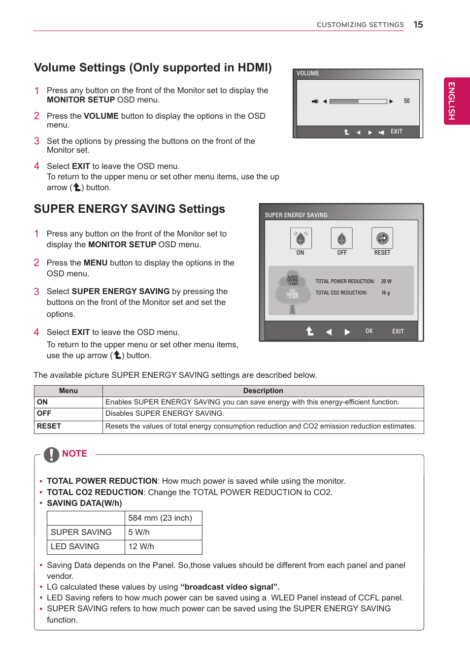 Volume settings (only supported in hdmi), Super energy saving settings, Volume settings (only supported in | Hdmi), Information.(see p.15), Set.(see p.15), See p.15) | LG D2342PB-PN User Manual | Page 15 / 24