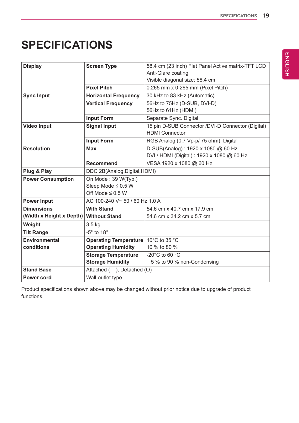 Specifications | LG D2342PB-PN User Manual | Page 19 / 24