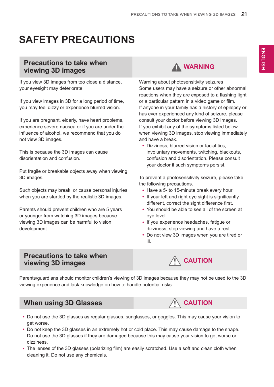 Safety precautions, Precautions to take when viewing 3d images, When using 3d glasses | Precautions to take when viewing 3d, Images, Caution, Caution warning | LG D2342PB-PN User Manual | Page 21 / 24