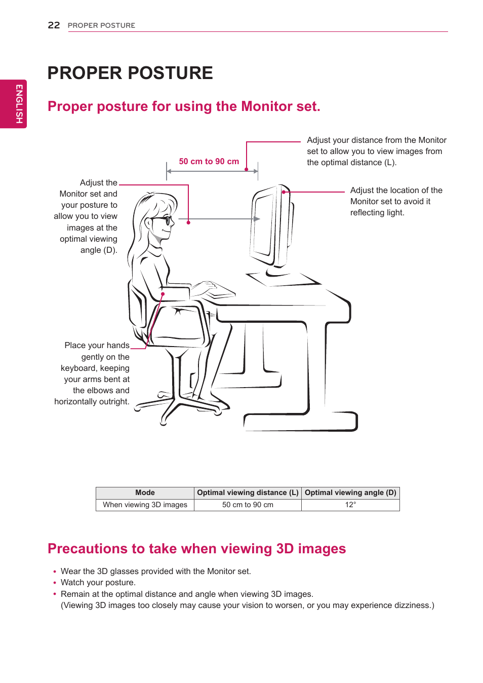 Proper posture, Proper posture for using the monitor set, Precautions to take when viewing 3d images | Ages | LG D2342PB-PN User Manual | Page 22 / 24