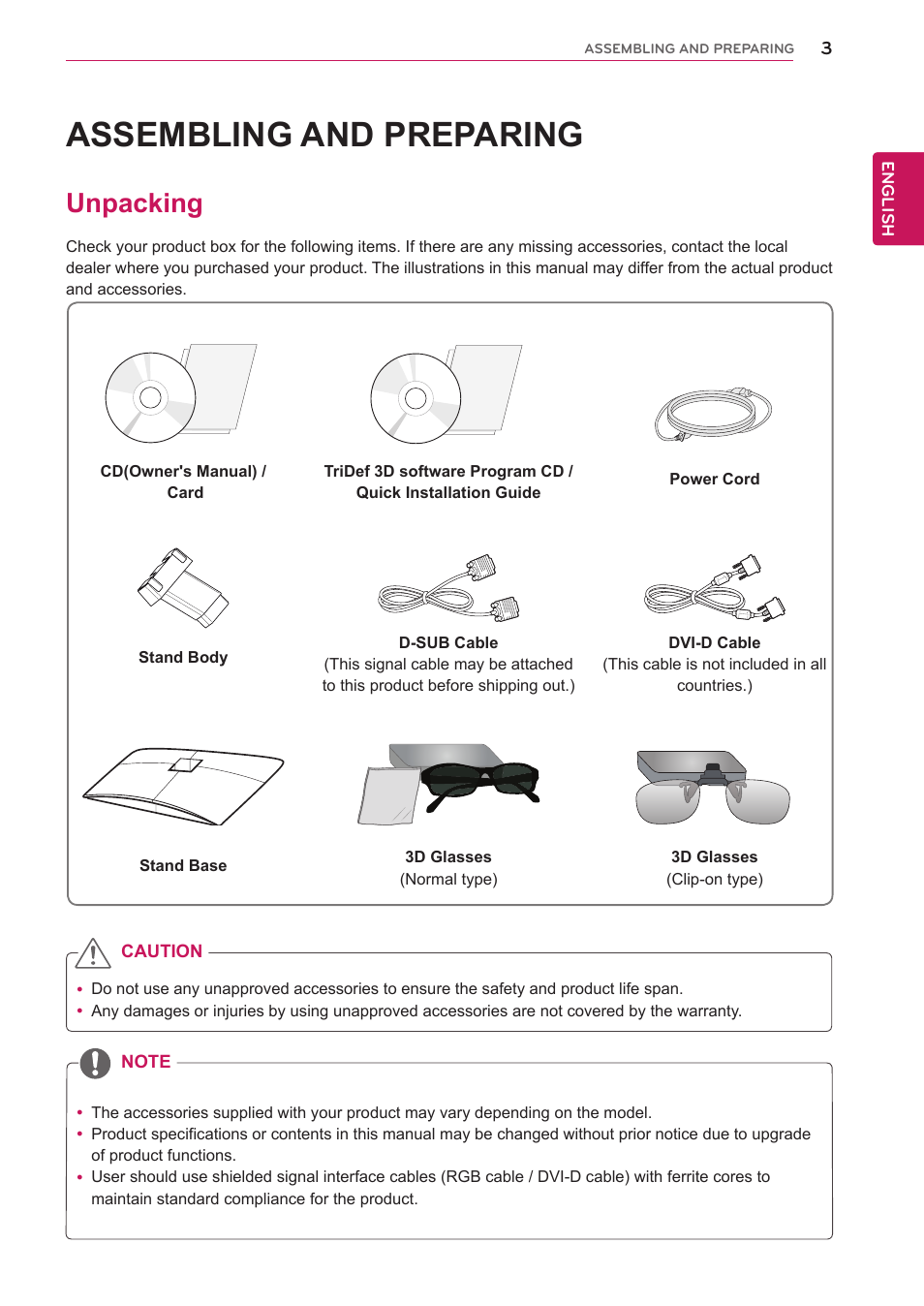 Assembling and preparing, Unpacking, Assembling and prepar | LG D2342PB-PN User Manual | Page 3 / 24