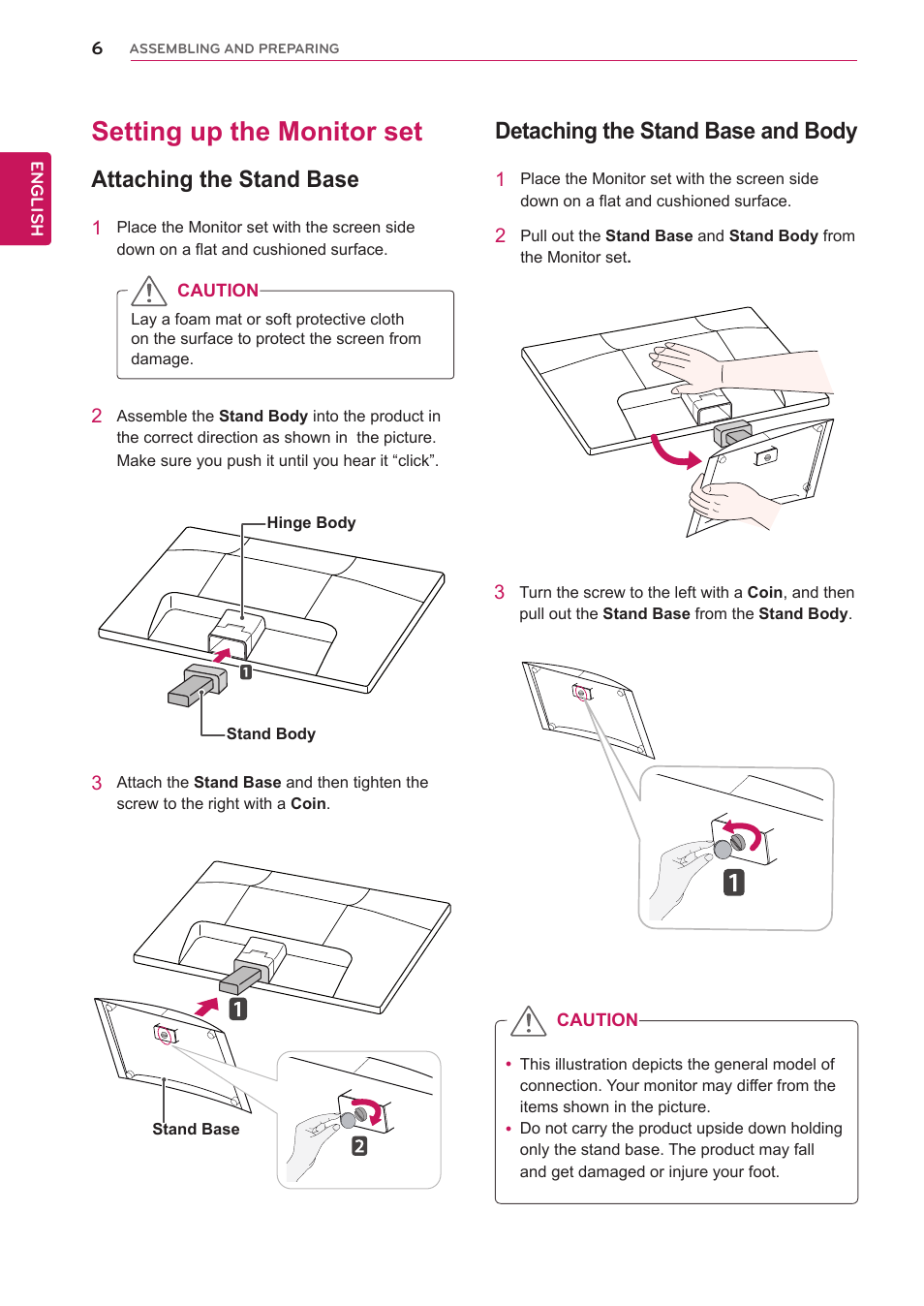 Setting up the monitor set, Attaching the stand base, Detaching the stand base and body | LG D2342PB-PN User Manual | Page 6 / 24