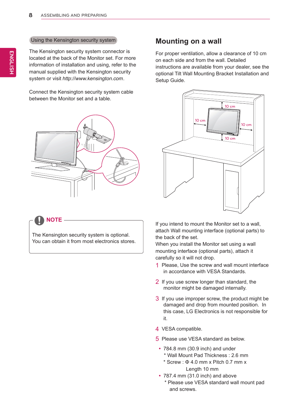 Mounting on a wall | LG D2342PB-PN User Manual | Page 8 / 24