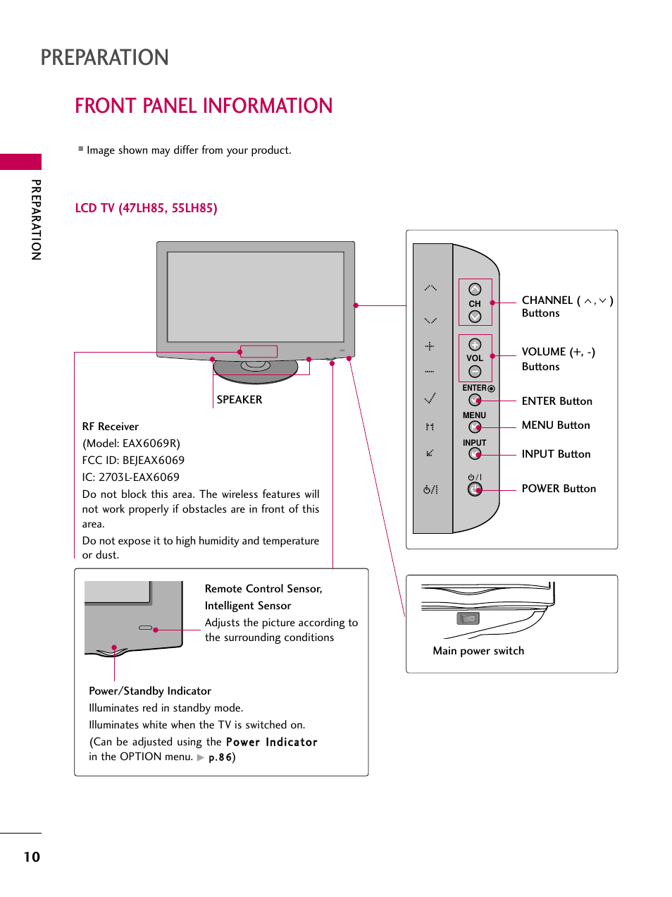 Front panel information, Preparation | LG 47LH85 User Manual | Page 10 / 138
