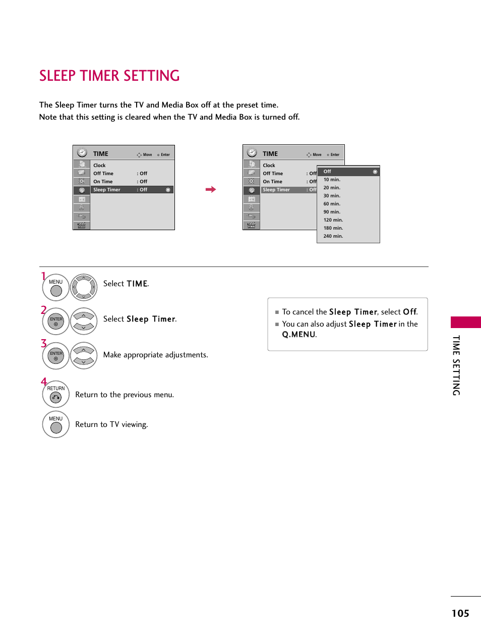 Sleep timer setting, Time setting | LG 47LH85 User Manual | Page 105 / 138