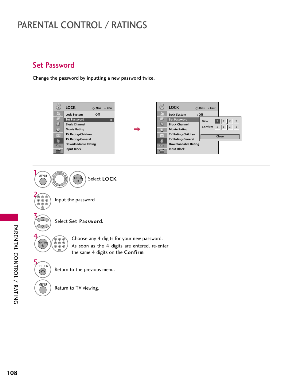 Set password, Parental control / ratings, Parent al contr ol / r ating | Select llo oc ck k, Input the password, Return to the previous menu, Return to tv viewing | LG 47LH85 User Manual | Page 108 / 138