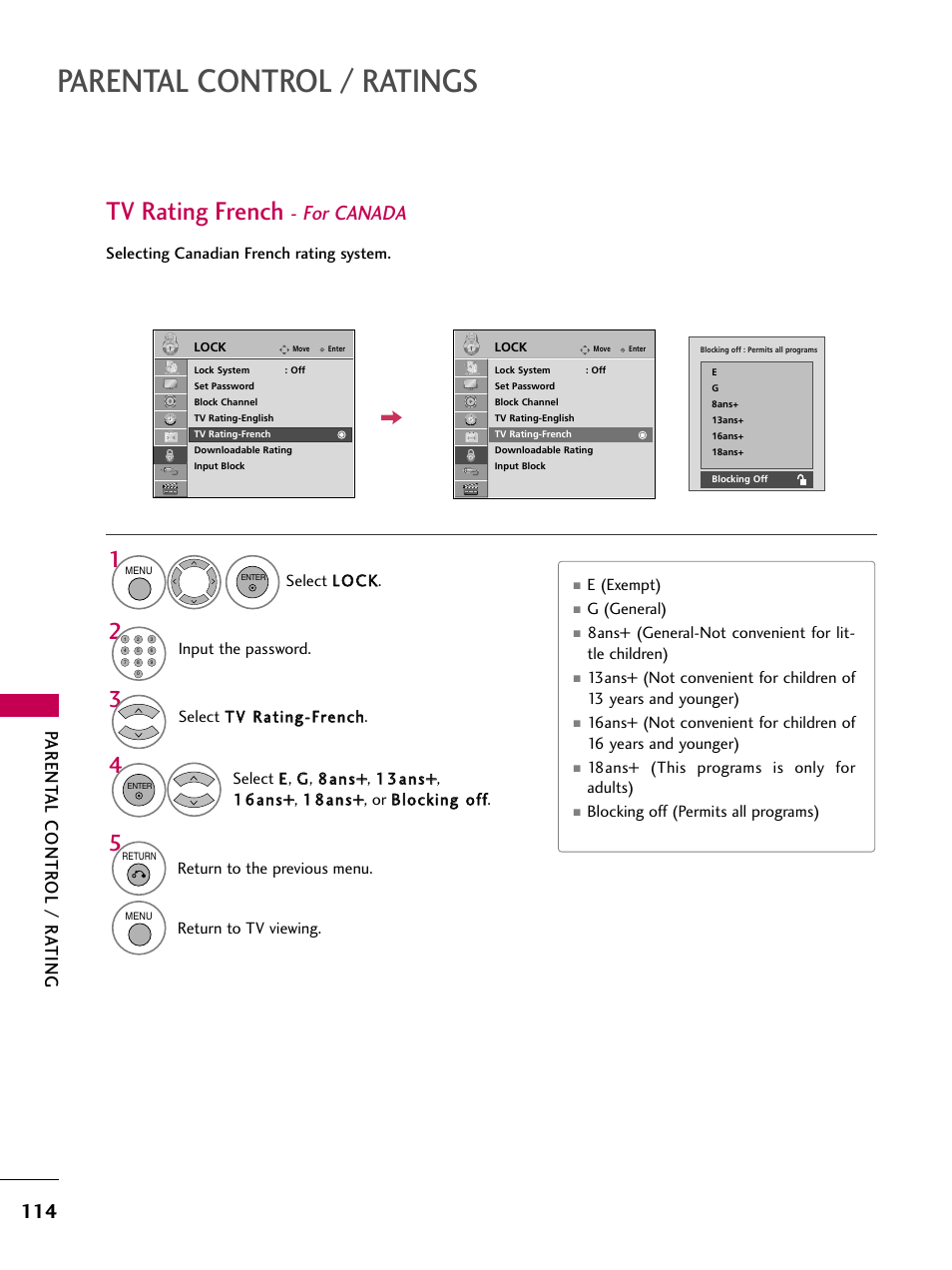 Tv rating french - for canada, Parental control / ratings, Tv rating french | For canada, Parent al contr ol / r ating | LG 47LH85 User Manual | Page 114 / 138