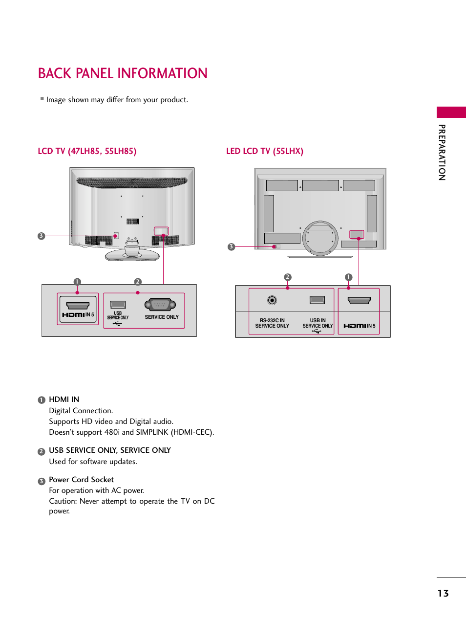 Back panel information, Prep ar at ion | LG 47LH85 User Manual | Page 13 / 138