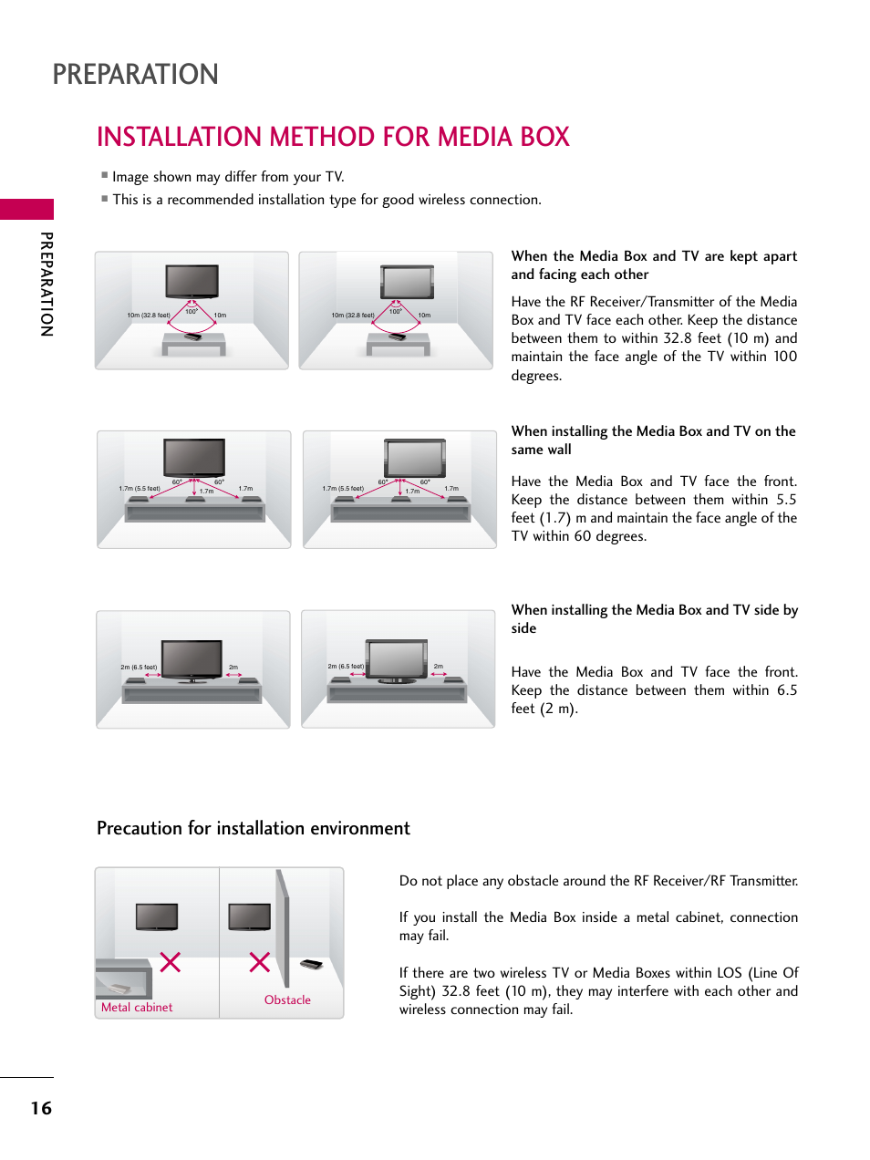 Installation method for media box, Preparation, Precaution for installation environment | Prep ar ation, Image shown may differ from your tv | LG 47LH85 User Manual | Page 16 / 138