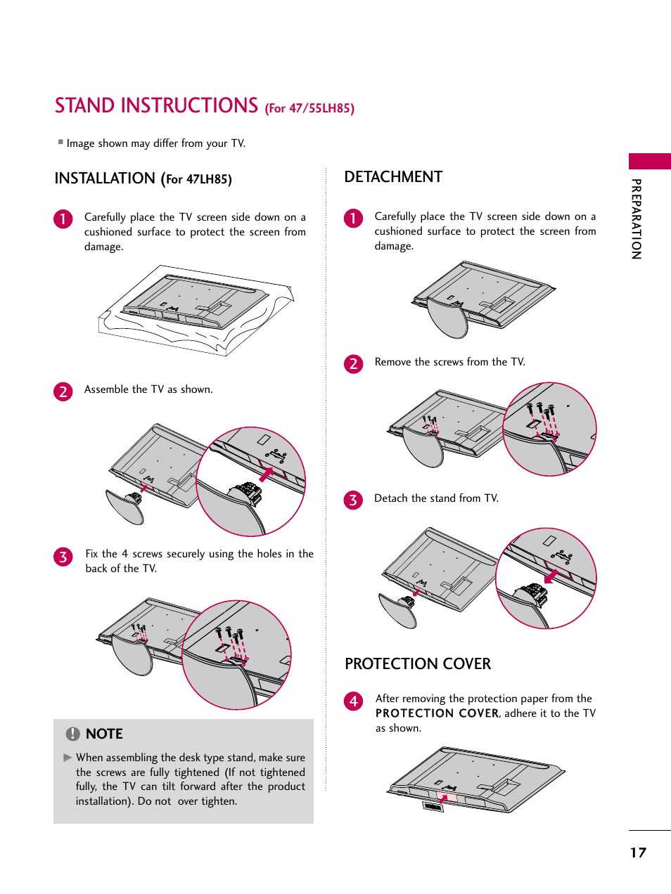 Stand instructions (for 47/55lh85), Stand instructions, Installation | Detachment, Protection cover | LG 47LH85 User Manual | Page 17 / 138