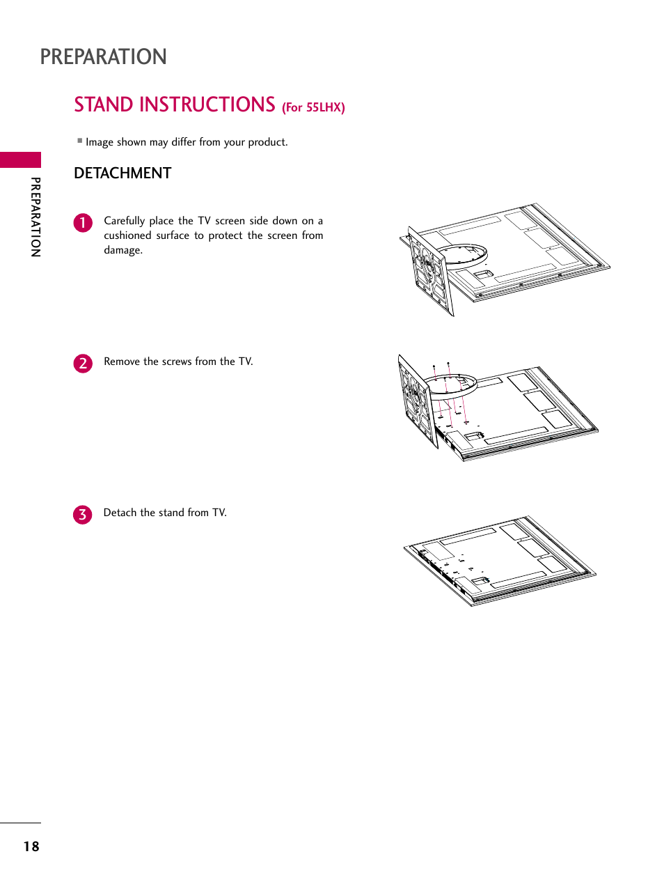 Stand instructions (for 55lhx), Preparation, Stand instructions | Detachment | LG 47LH85 User Manual | Page 18 / 138