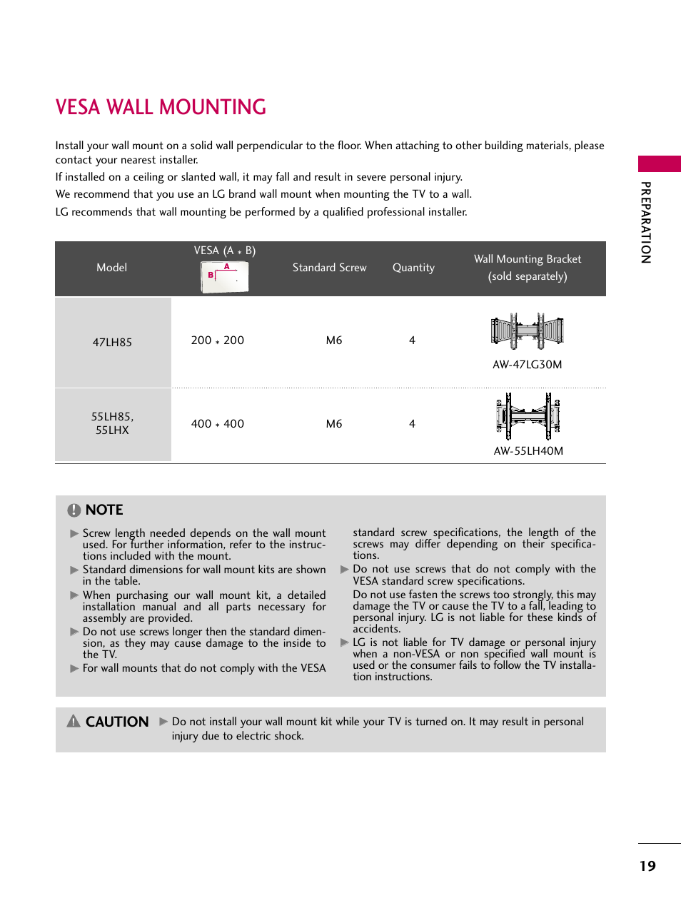 Vesa wall mounting, Caution, Prep ar at ion | LG 47LH85 User Manual | Page 19 / 138