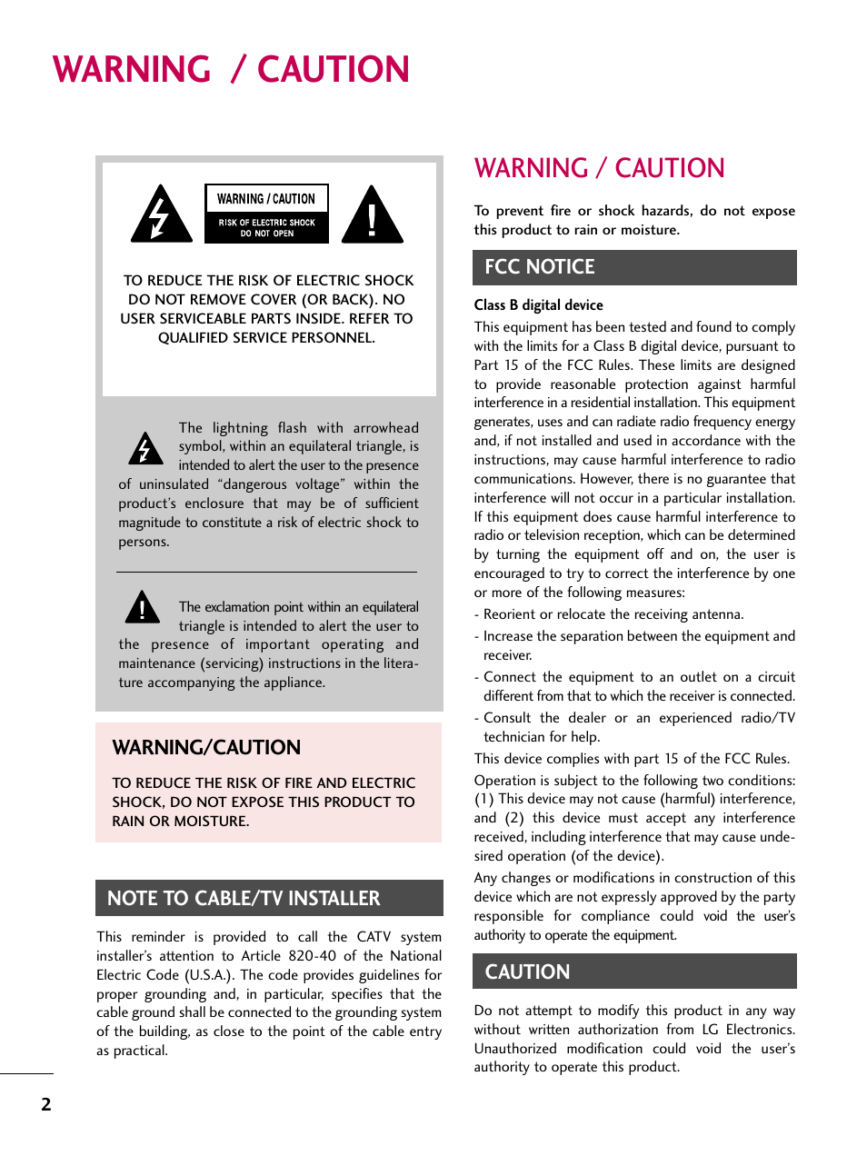 Warning / caution, Fcc notice, Caution | Warning/caution | LG 47LH85 User Manual | Page 2 / 138