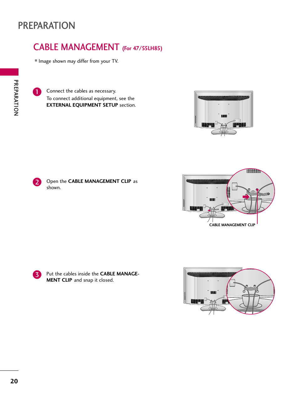Cable management (for 47/55lh85), Preparation, Cable management | LG 47LH85 User Manual | Page 20 / 138