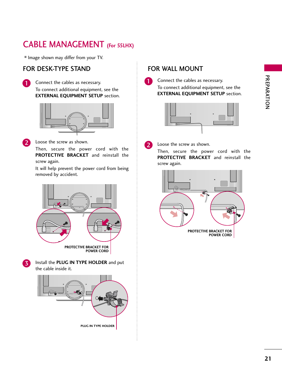 Cable management (for 55lhx), Cable management, For desk-type stand for wall mount | LG 47LH85 User Manual | Page 21 / 138