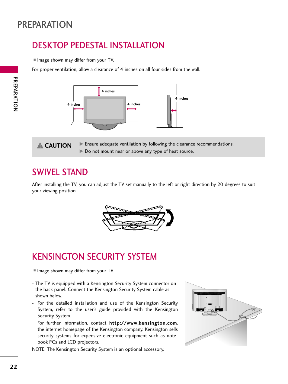 Desktop pedestal installation, Swivel stand, Kensington security system | Preparation, Caution | LG 47LH85 User Manual | Page 22 / 138