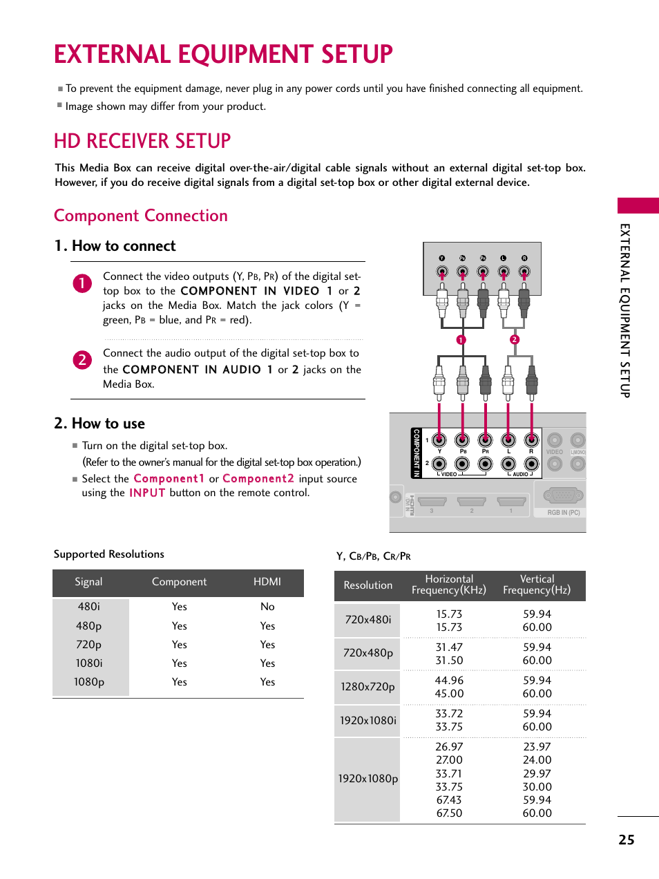 External equipment setup, Hd receiver setup, Component connection | How to connect, How to use, External eq uipment setup | LG 47LH85 User Manual | Page 25 / 138