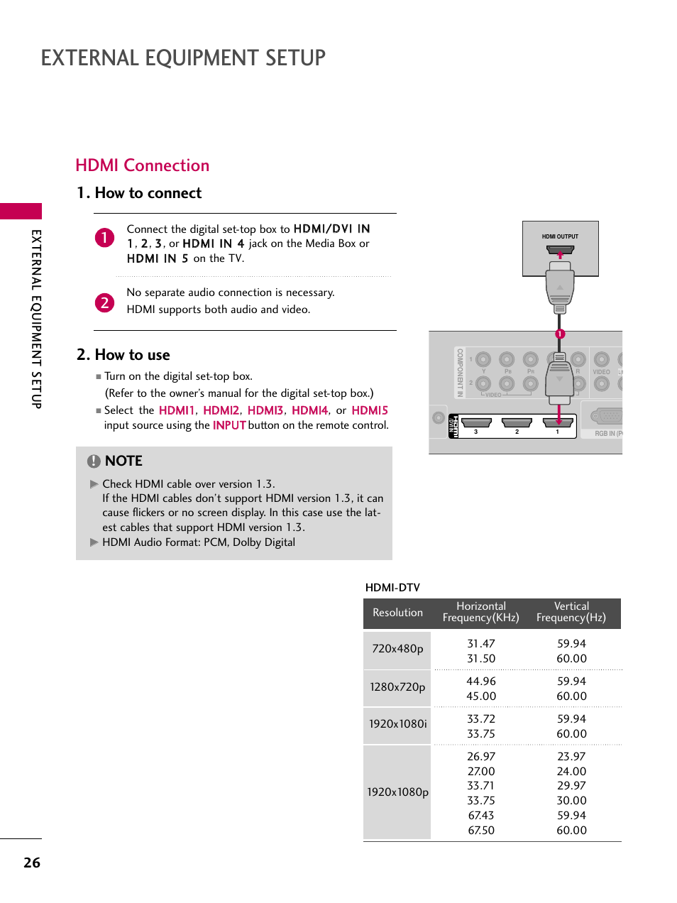 Hdmi connection, External equipment setup, How to connect 2. how to use | External eq uipment setup | LG 47LH85 User Manual | Page 26 / 138
