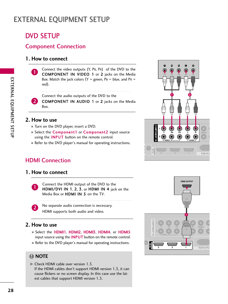 Dvd setup, Component connection, Hdmi connection | External equipment setup, How to connect 2. how to use, External eq uipment setup | LG 47LH85 User Manual | Page 28 / 138