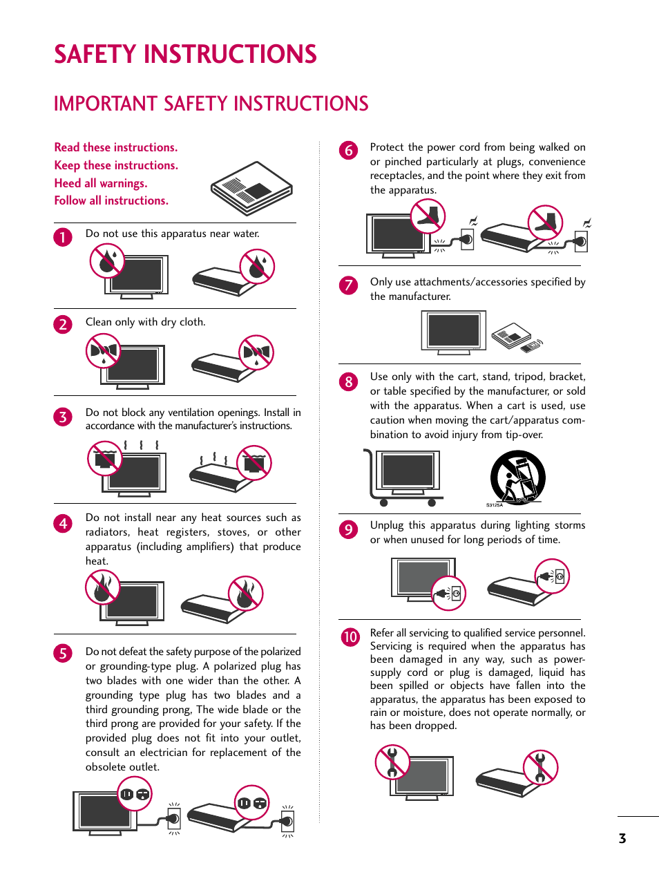 Safety instructions, Important safety instructions | LG 47LH85 User Manual | Page 3 / 138