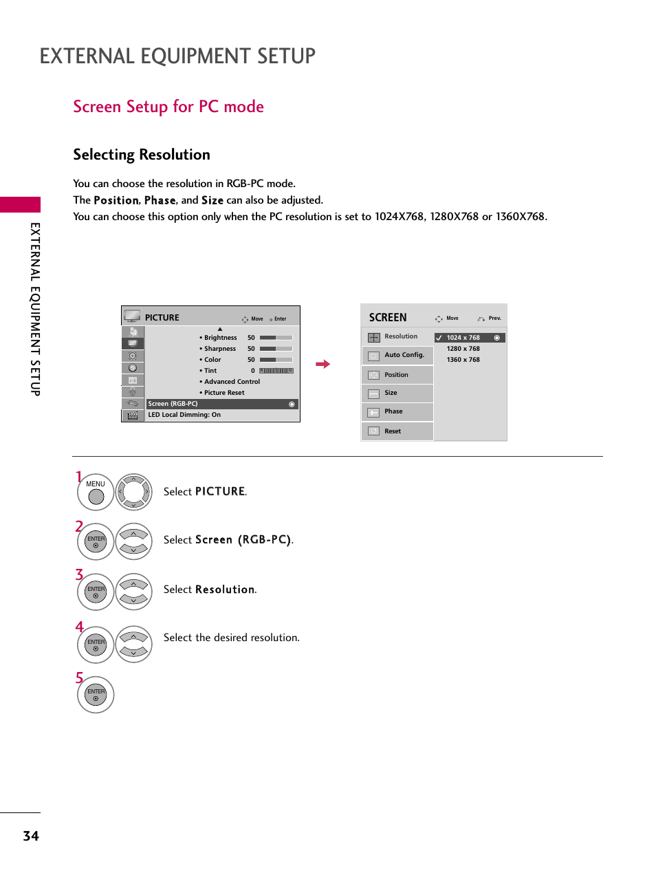 Screen setup for pc mode, External equipment setup, Selecting resolution | External eq uipment setup | LG 47LH85 User Manual | Page 34 / 138