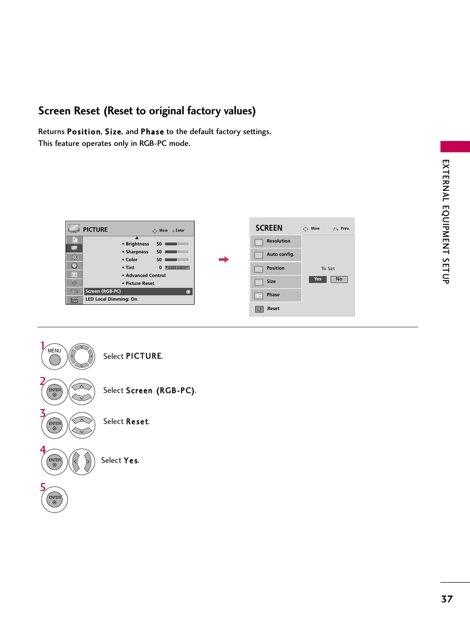 Screen reset (reset to original factory values), External eq uipment setup | LG 47LH85 User Manual | Page 37 / 138